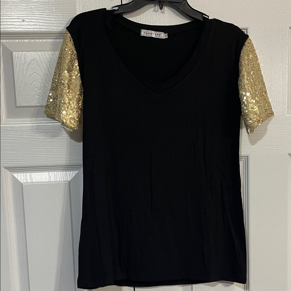 Chic Black Top with Gold Sequin Sleeves
